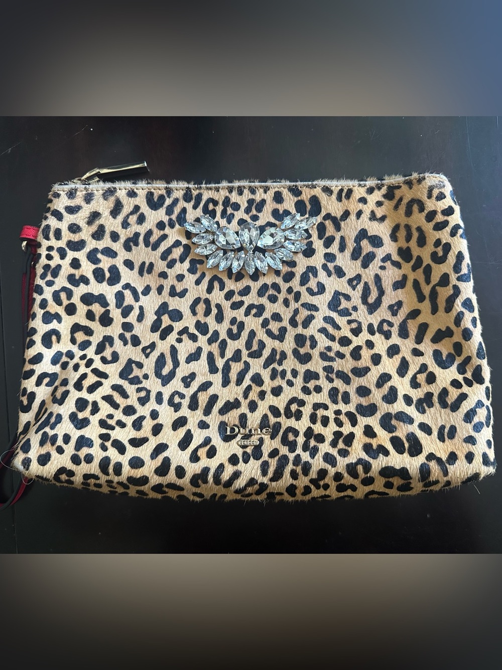 Dune London Leopard Calf Hair Crystal Embellished Clutch Wristlet